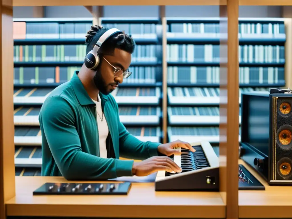 Un músico profesional ingresa metadatos detallados de instrumentos musicales en una base de datos digital, rodeado de instrumentos y equipo de audio