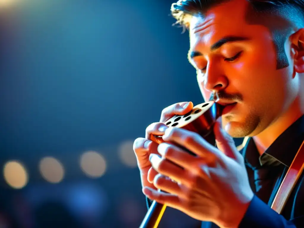 Un músico profesional toca una ocarina en un escenario iluminado, con una audiencia diversa al fondo, capturando la historia del ocarina en conciertos