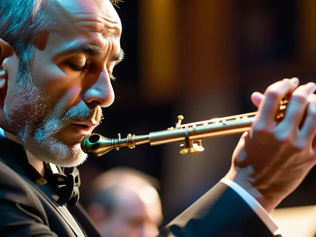 Un músico profesional interpreta con pasión el piccolo en una atmósfera de orquesta, destacando la historia del piccolo en orquesta