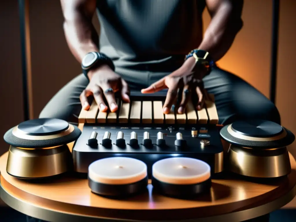 Un músico profesional crea ritmos únicos con pads de percusión MIDI, mostrando pasión y precisión en su interpretación