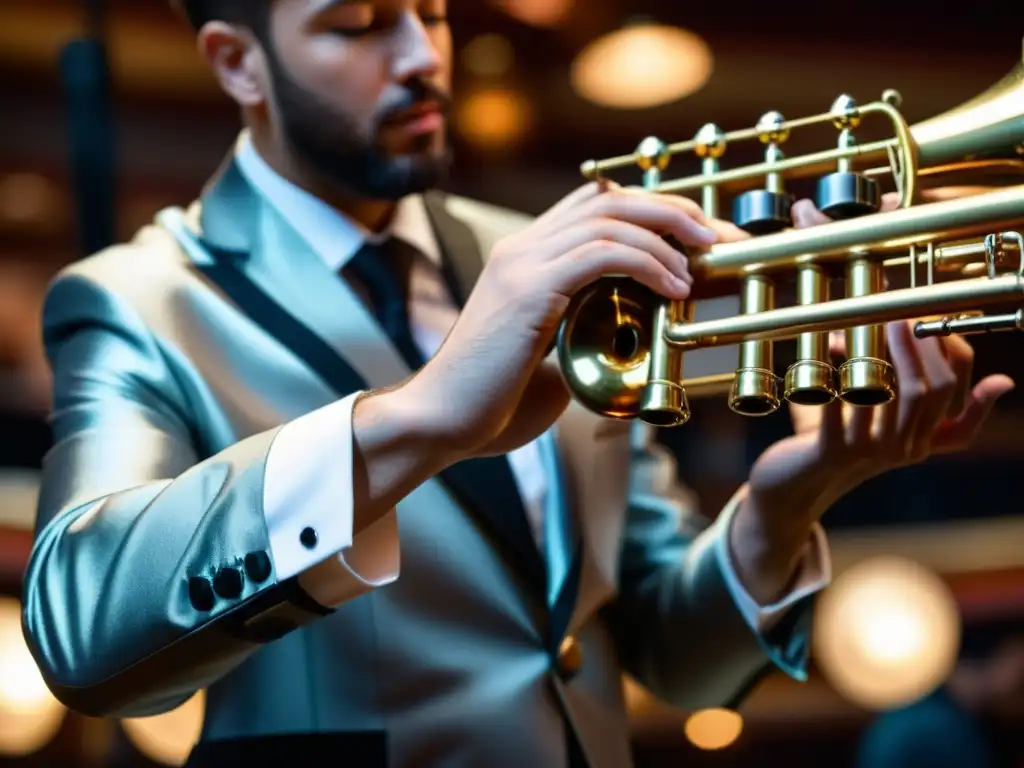 Un músico profesional concentra su técnica al sostener un brillante bombardino, en un cálido escenario educativo