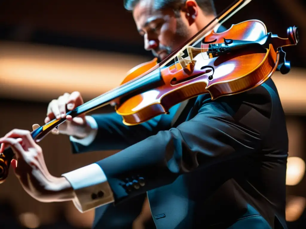 Un músico profesional toca un violín de fibra de carbono en un elegante teatro, mostrando la fusión de la artesanía tradicional con tecnología moderna