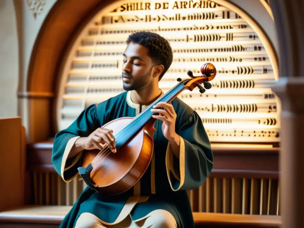 Un músico hábil toca el Psalterio de Arco en un entorno moderno, resaltando su historia y construcción