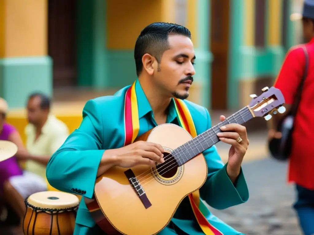 Un músico puertorriqueño toca el cuatro con pasión en un bullicioso mercado callejero, mostrando la historia y sonido del cuatro puertorriqueño