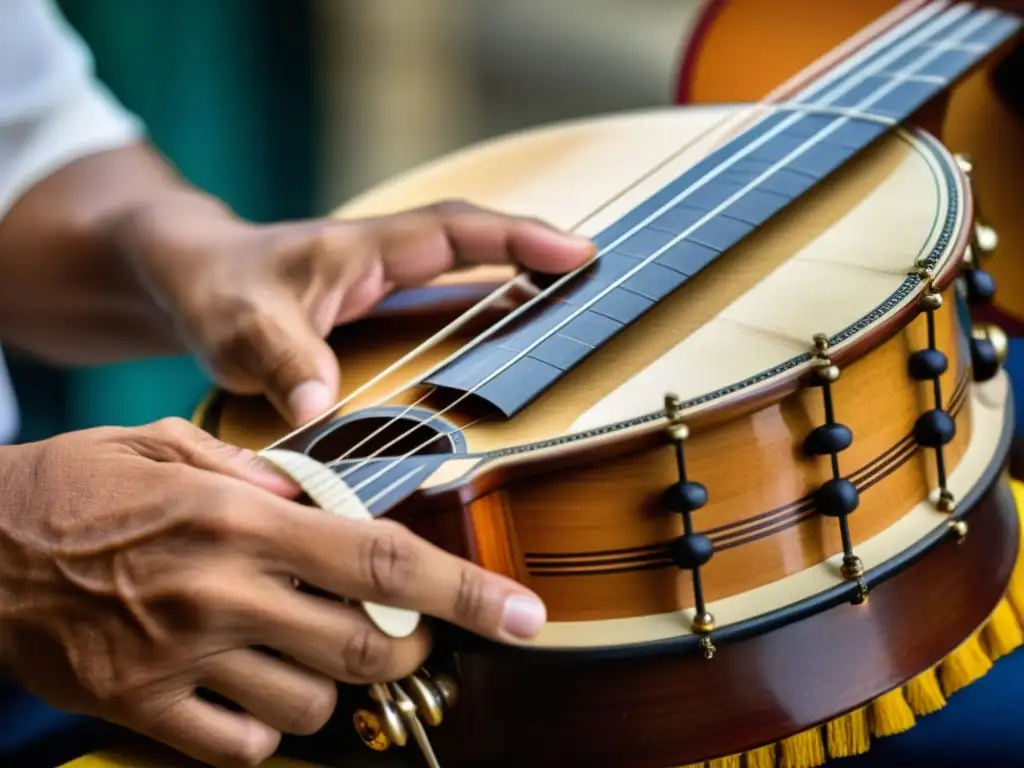 Un músico puertorriqueño toca el tiple con destreza, mostrando la historia del tiple puertorriqueño y su importancia cultural