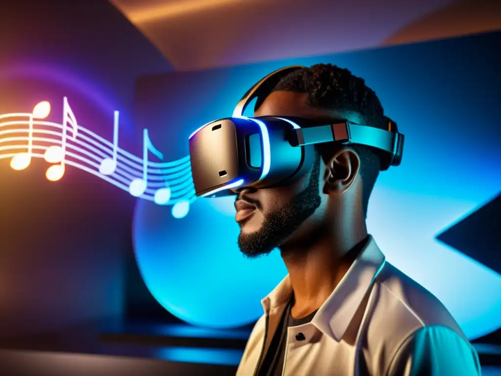 Un músico usando realidad virtual y aumentada para composición musical en un estudio futurista, inmerso en la creación musical holográfica