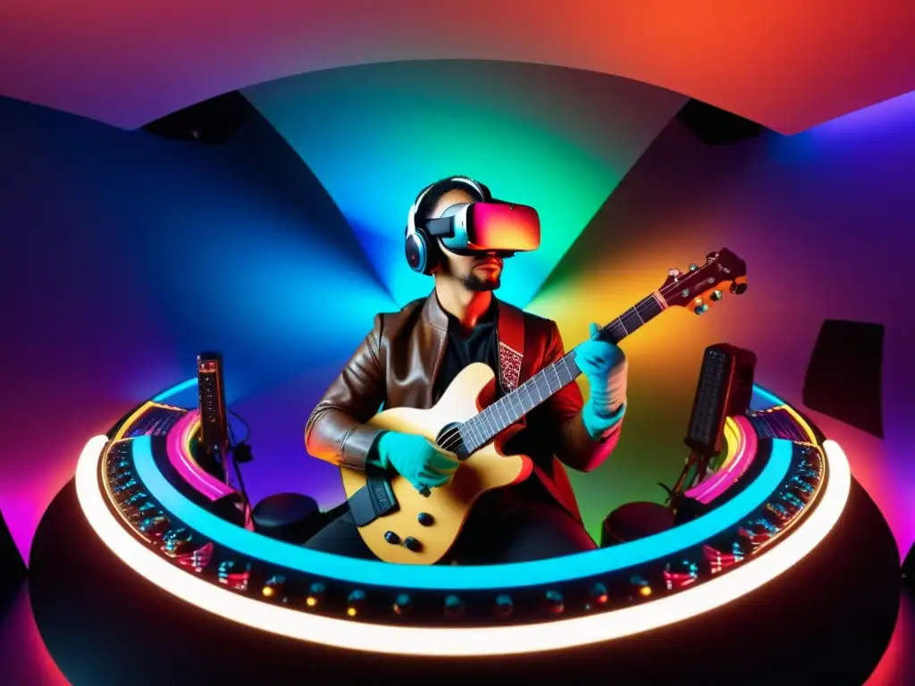 Un músico grabando música en realidad virtual con intensa concentración, rodeado de instrumentos virtuales en un ambiente vibrante y colorido