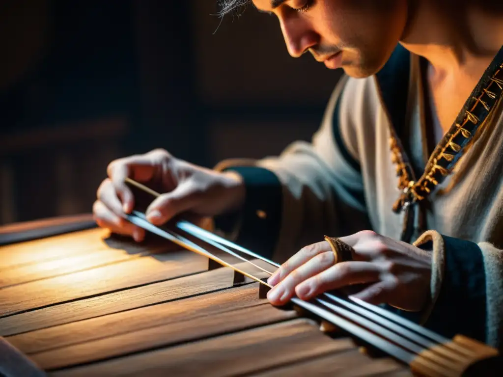 Un músico toca un Rebec medieval en un escenario atmosférico y tenue, destacando la relevancia cultural del instrumento