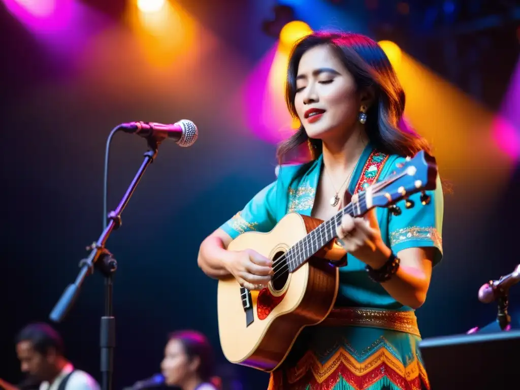 Un músico reconocido interpreta apasionadamente el ukelele en un festival internacional, iluminado por luces vibrantes