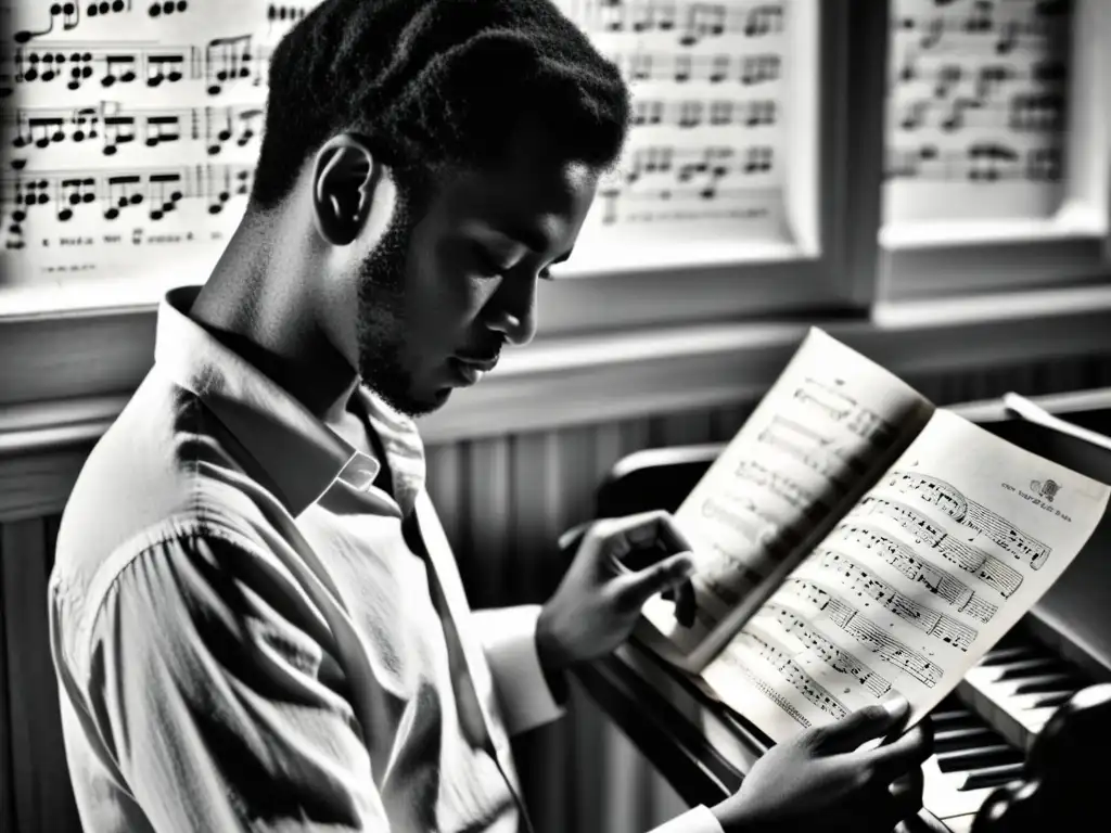 Un músico examina con reverencia una partitura antigua en blanco y negro, iluminado por la suave luz de una sala de música