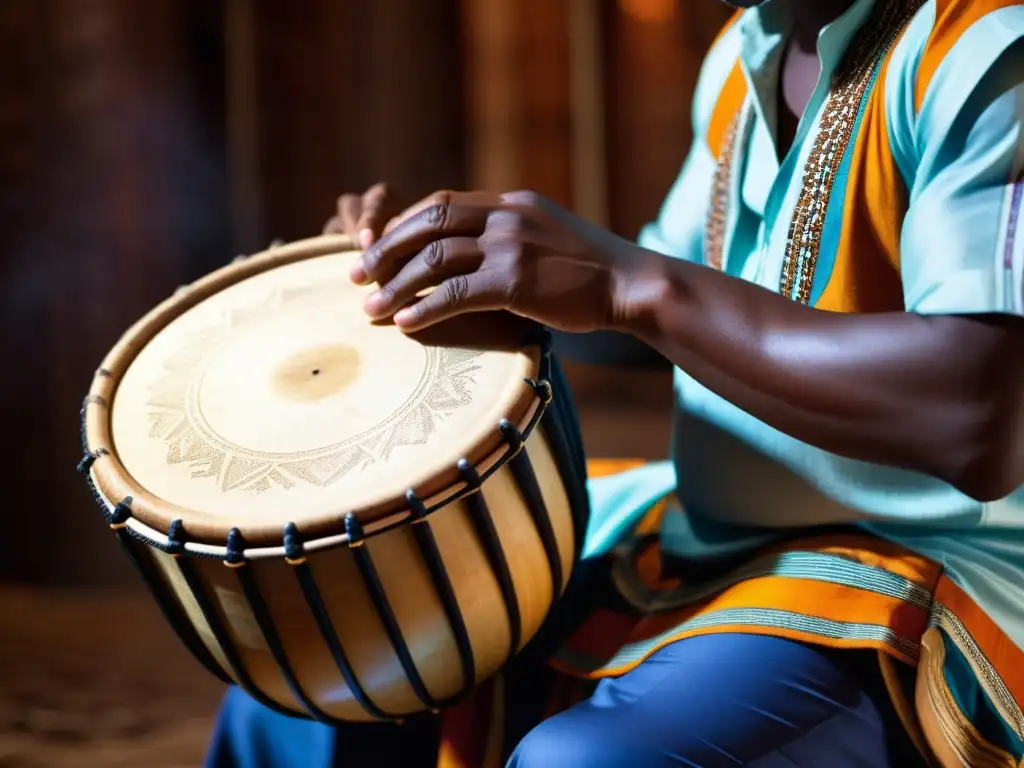 Un músico hábil toca un tambor Yoruba con pasión, capturando la rica herencia cultural y la comunicación rítmica