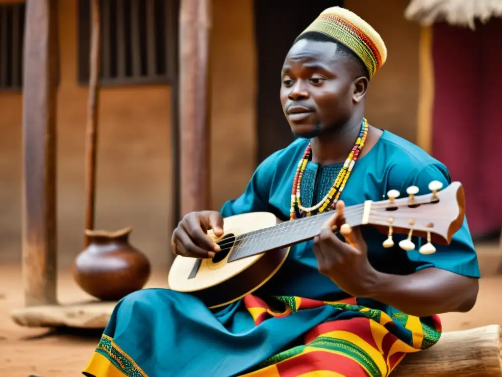 Un músico ghanés toca el Seperewa rodeado de elementos culturales, capturando el renacimiento cultural del Seperewa en Ghana