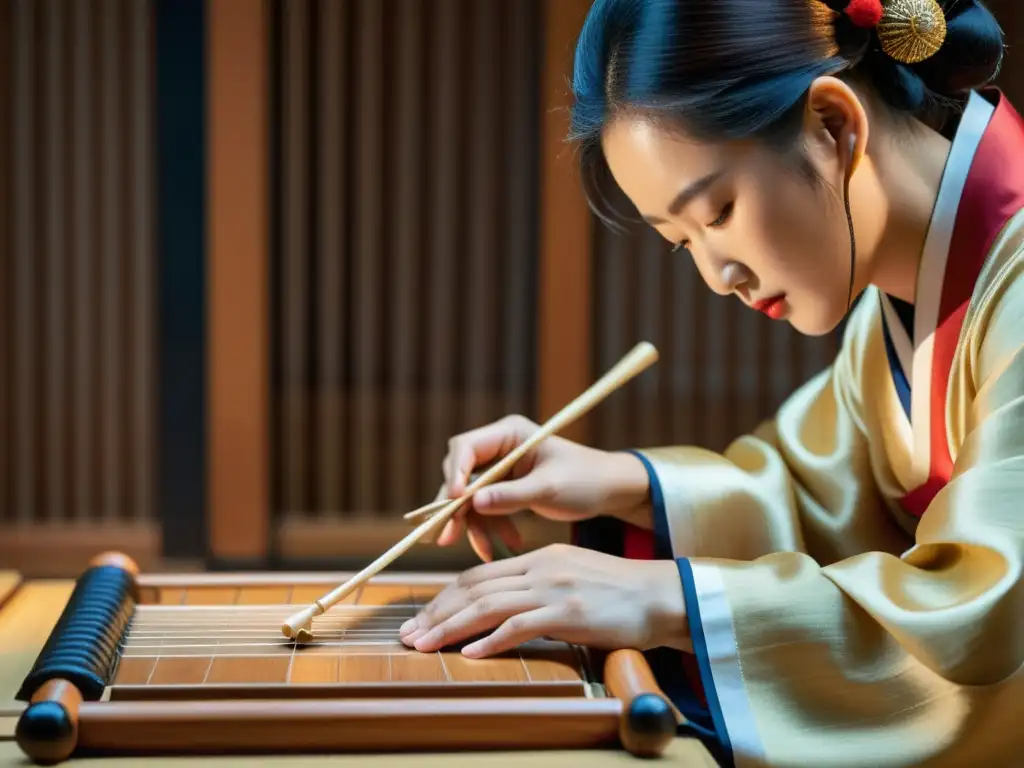 Un músico vistiendo ropa tradicional coreana toca el haegeum con destreza, resaltando la historia y construcción del haegeum