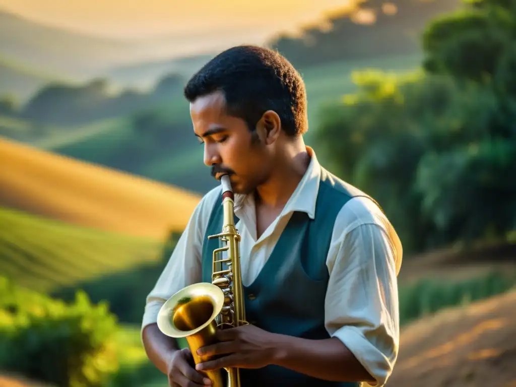 Un músico rural toca la corneta al atardecer entre la exuberante vegetación