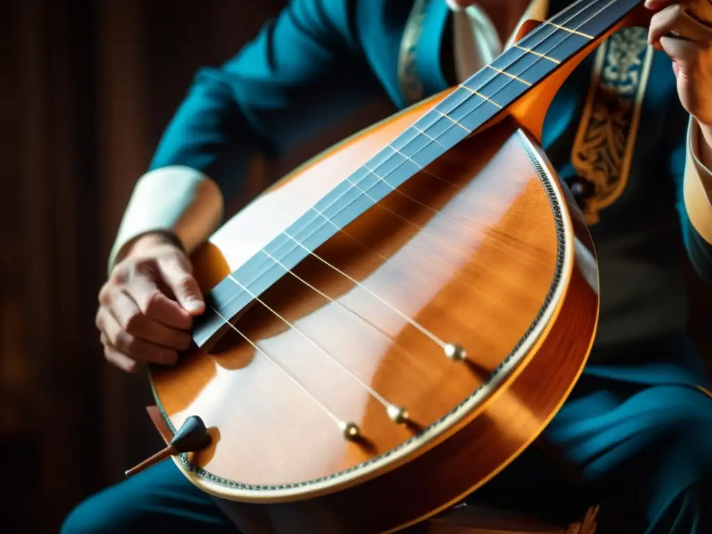 Un músico toca con maestría una balalaika rusa en un ambiente atmosférico