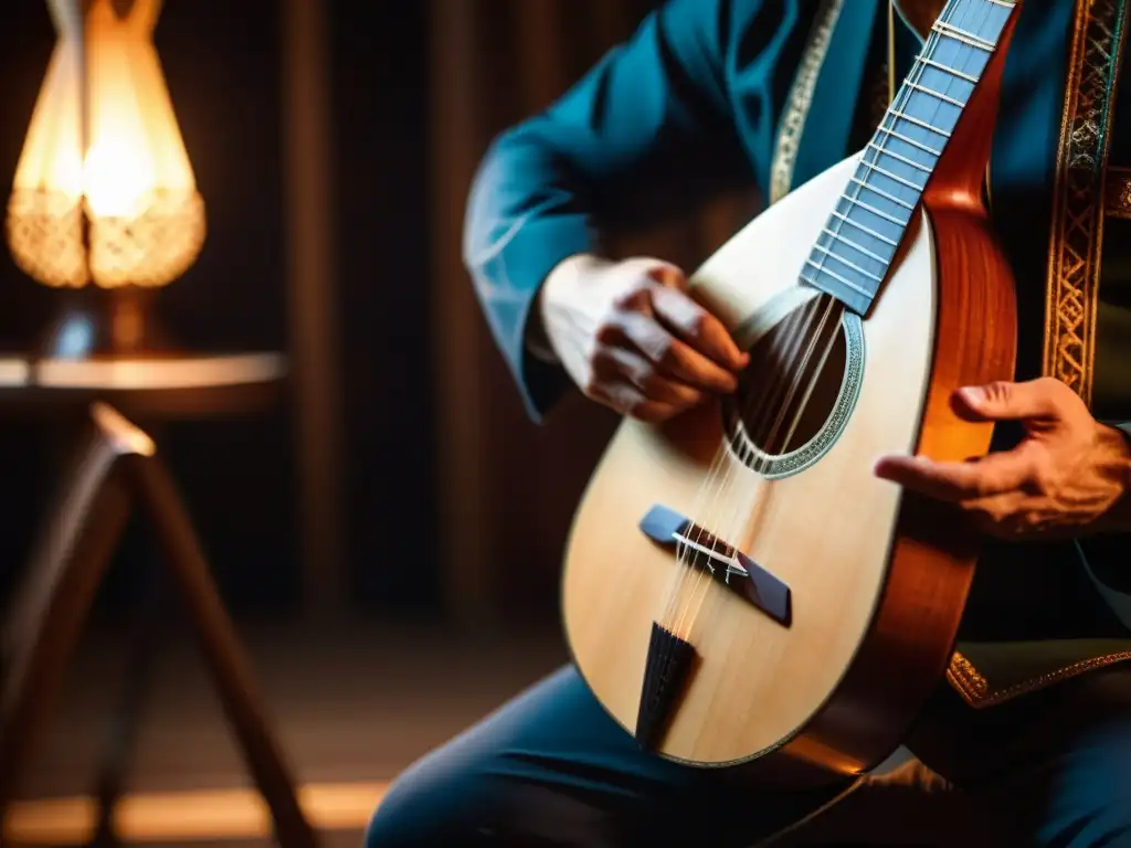 Un músico toca una balalaika rusa en un ambiente atmosférico, destacando el significado cultural de la balalaika