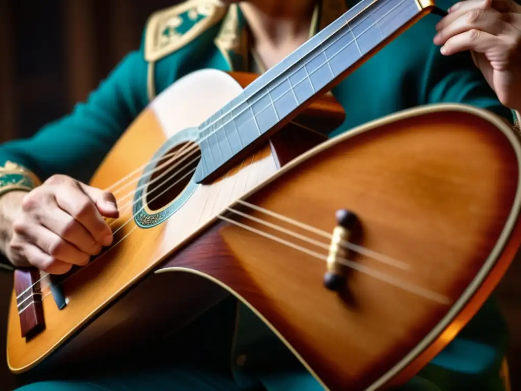 Un músico interpreta una balalaika rusa en un ambiente íntimo y tenue, destacando la historia y emoción de este instrumento