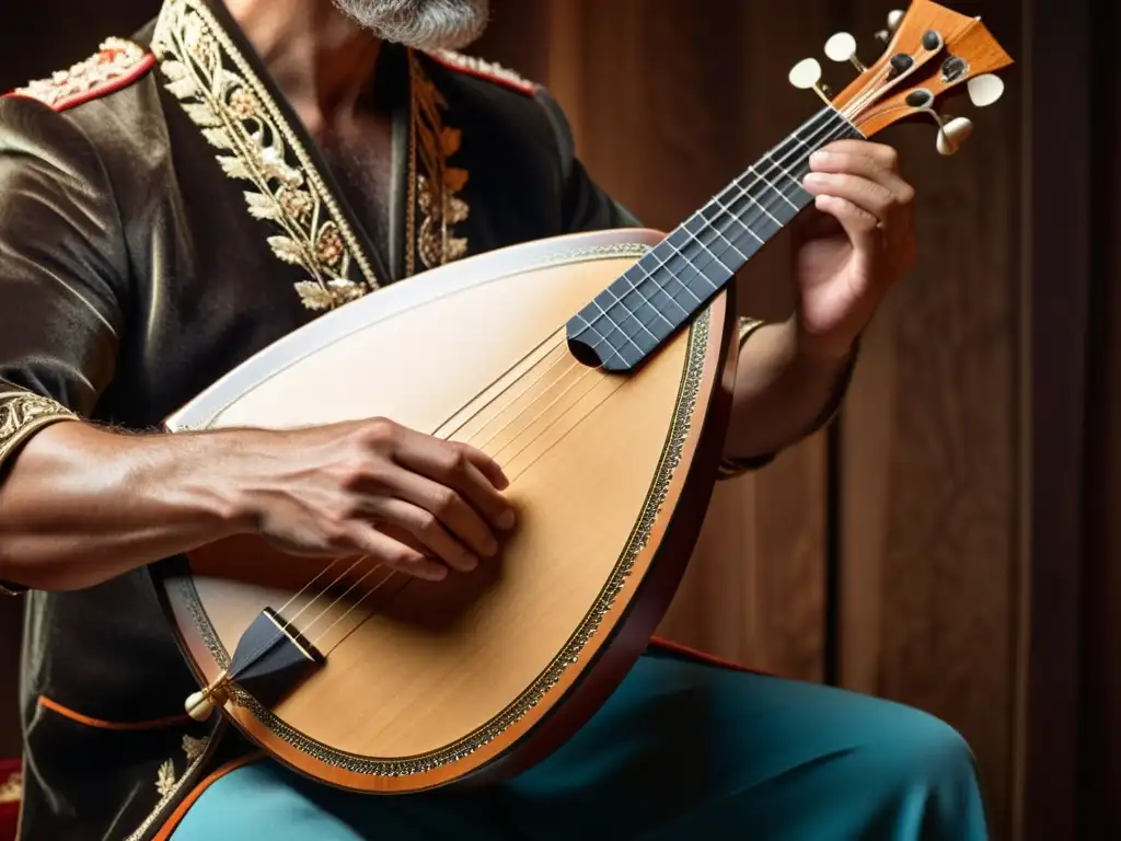 Un músico hábil toca una balalaika rusa con destreza, resaltando su artesanía y significado cultural en un ambiente profesional y educativo