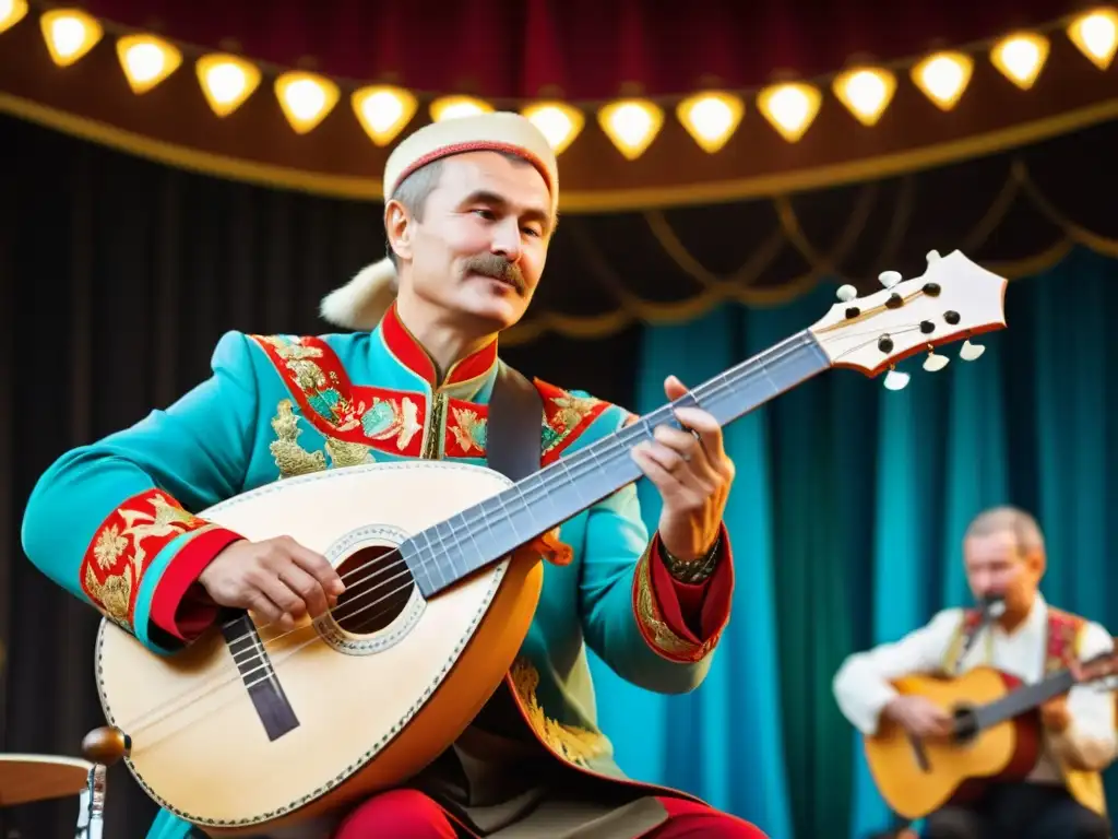 Un músico ruso toca apasionadamente la balalaika en una actuación de música folclórica