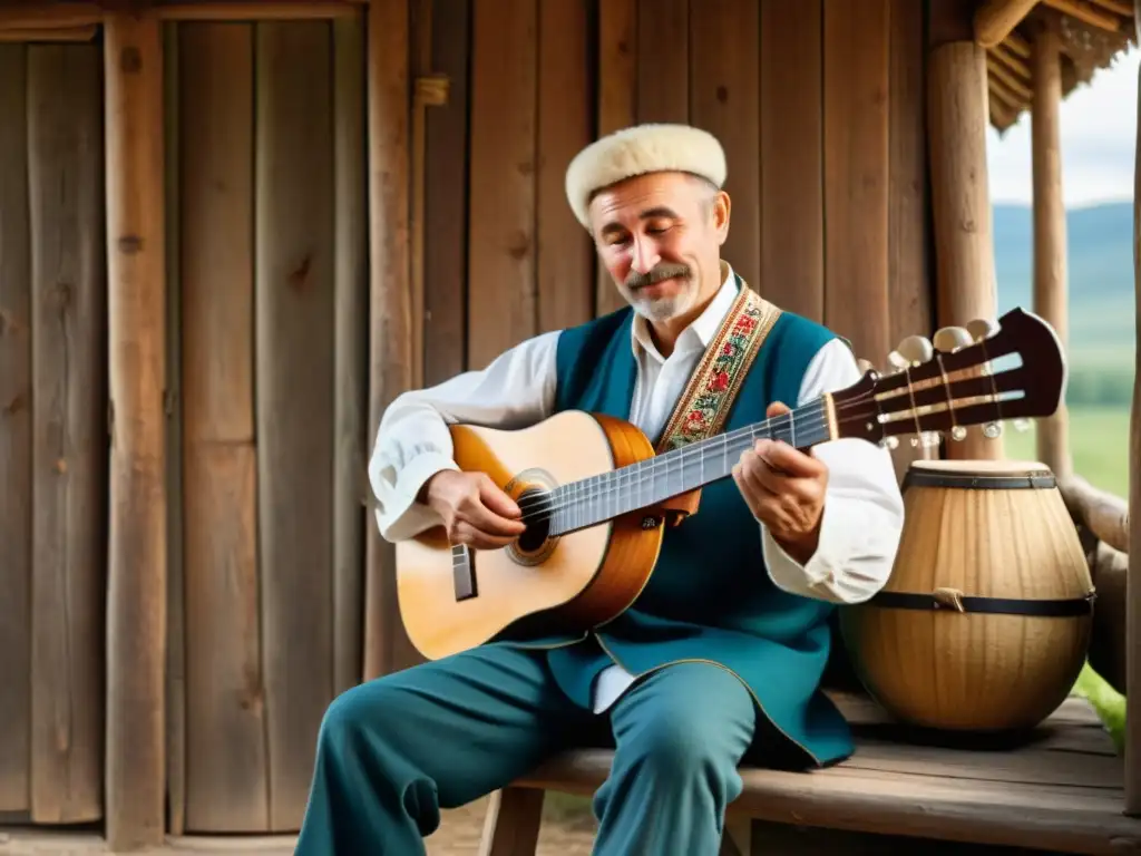 Un músico ruso toca la balalaika en un entorno campestre, mostrando la conexión entre el instrumento y la vida rural