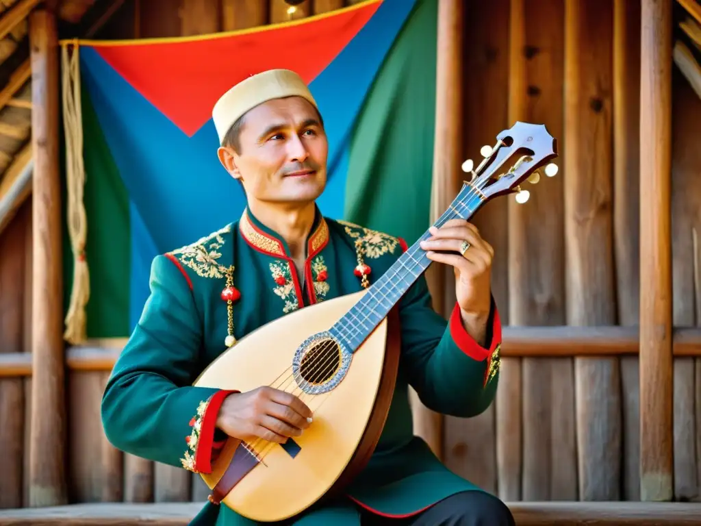 Un músico ruso toca la balalaika en un entorno rural, destacando la artesanía detallada del instrumento y la pasión del intérprete