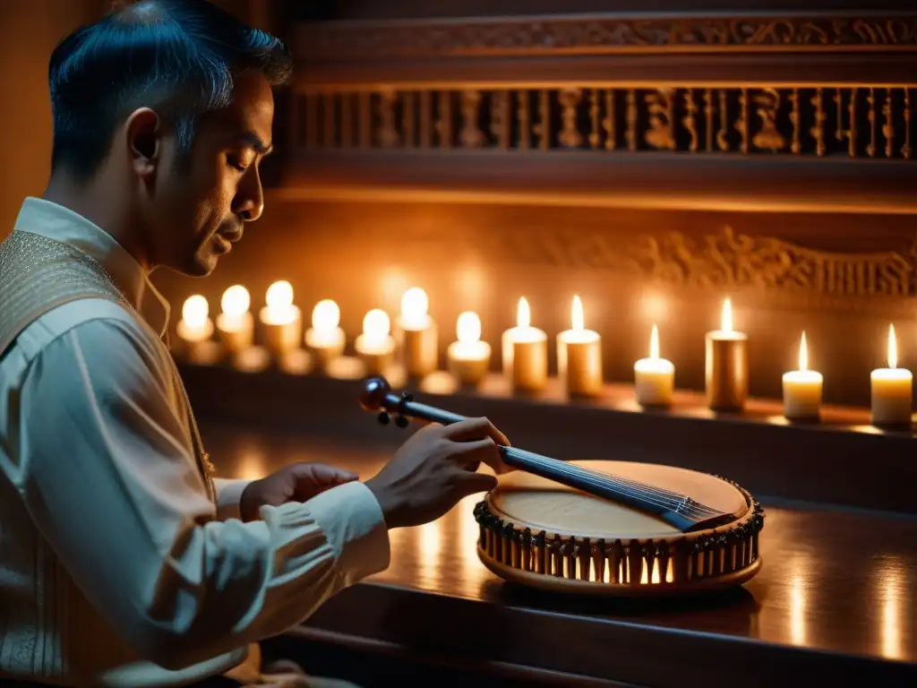Maestro del salterio: Músico experto en acción Un músico hábil toca un salterio histórico bellamente tallado en una habitación con artefactos musicales antiguos, iluminada por velas