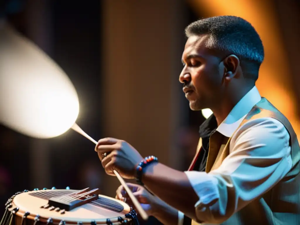 Un músico toca un santur eléctrico contemporáneo, mostrando la fusión cultural y modernidad, con iluminación cálida en el escenario