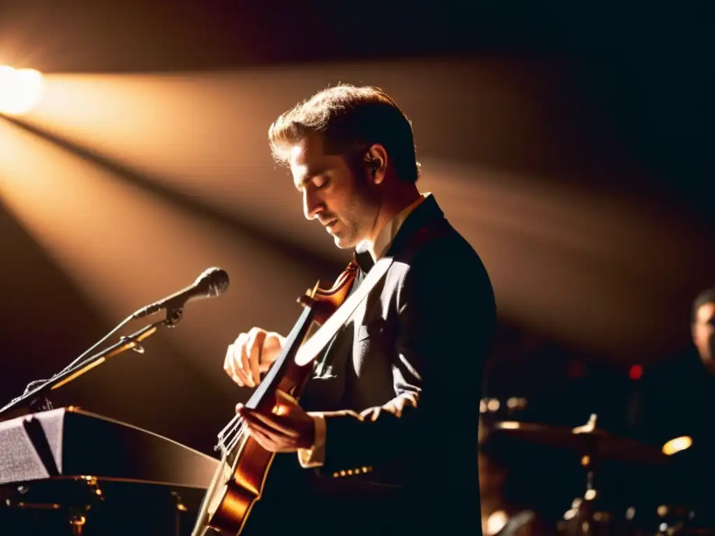 Un músico toca el santur eléctrico contemporáneo en un escenario con una iluminación cálida, expresando pasión y destreza artística