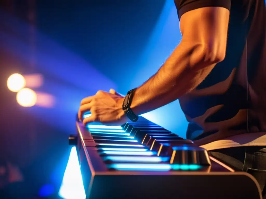 Un músico toca un santur eléctrico contemporáneo en un escenario, con luces vibrantes y una atmósfera llena de energía y pasión