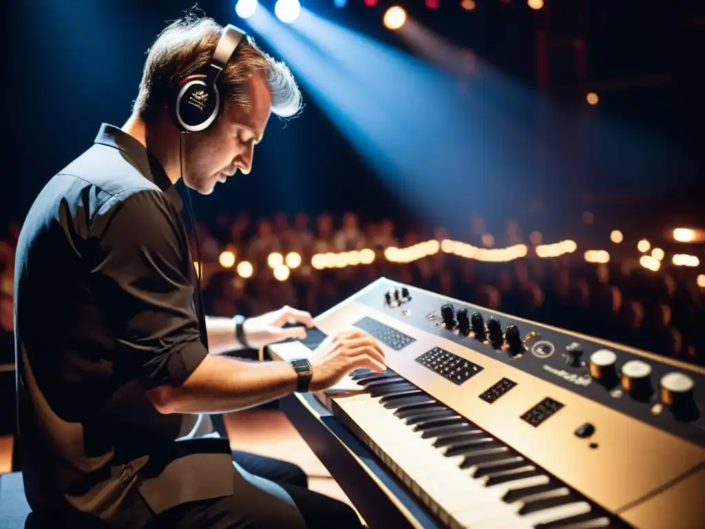 Un músico toca un Santur eléctrico contemporáneo con pasión en un escenario dramáticamente iluminado, mientras el público disfruta la actuación