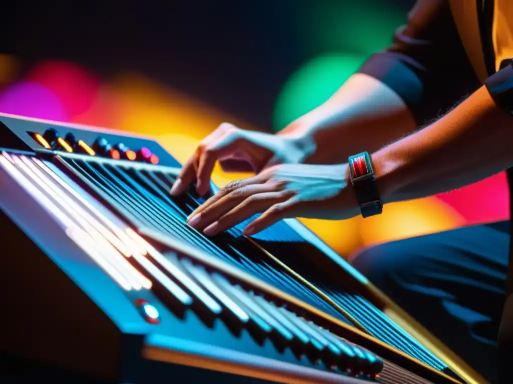 Un músico toca un santur eléctrico contemporáneo en un escenario tenue, con luces multicolores de fondo