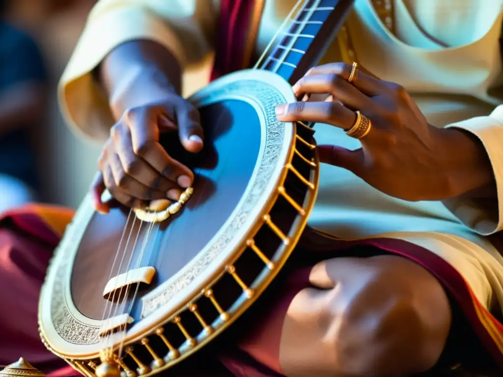 Un músico toca el sarod en una ceremonia religiosa hindú, mostrando devoción y destreza