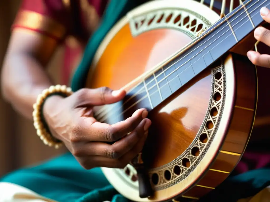 Un músico hábil toca un sarod indio, creando un patrón hipnótico