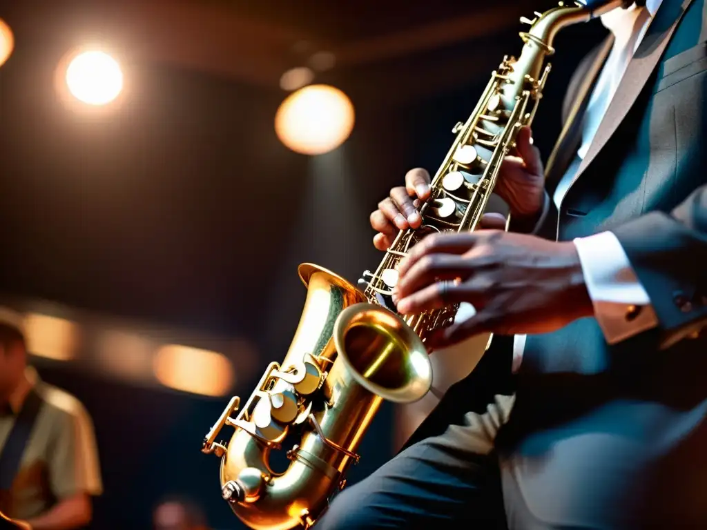 Un músico hábil improvisando en un saxofón en un club de jazz