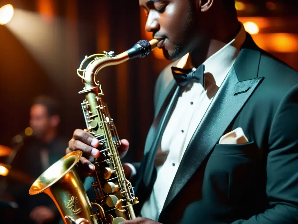 Un músico toca con pasión un saxofón vintage en un club de jazz tenue