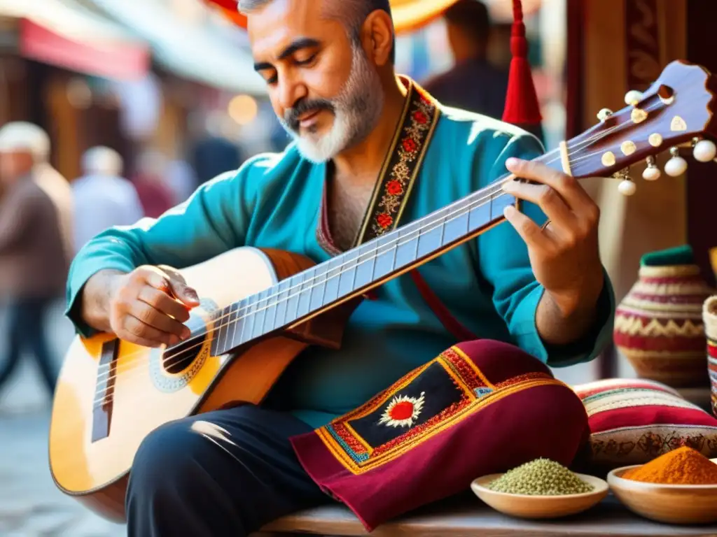 Un músico toca un saz turco en un bullicioso mercado