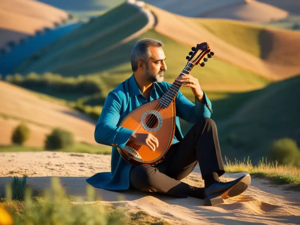 Un músico toca un saz turco en un paisaje anatolio, con colinas, cielo azul y el cálido resplandor del atardecer