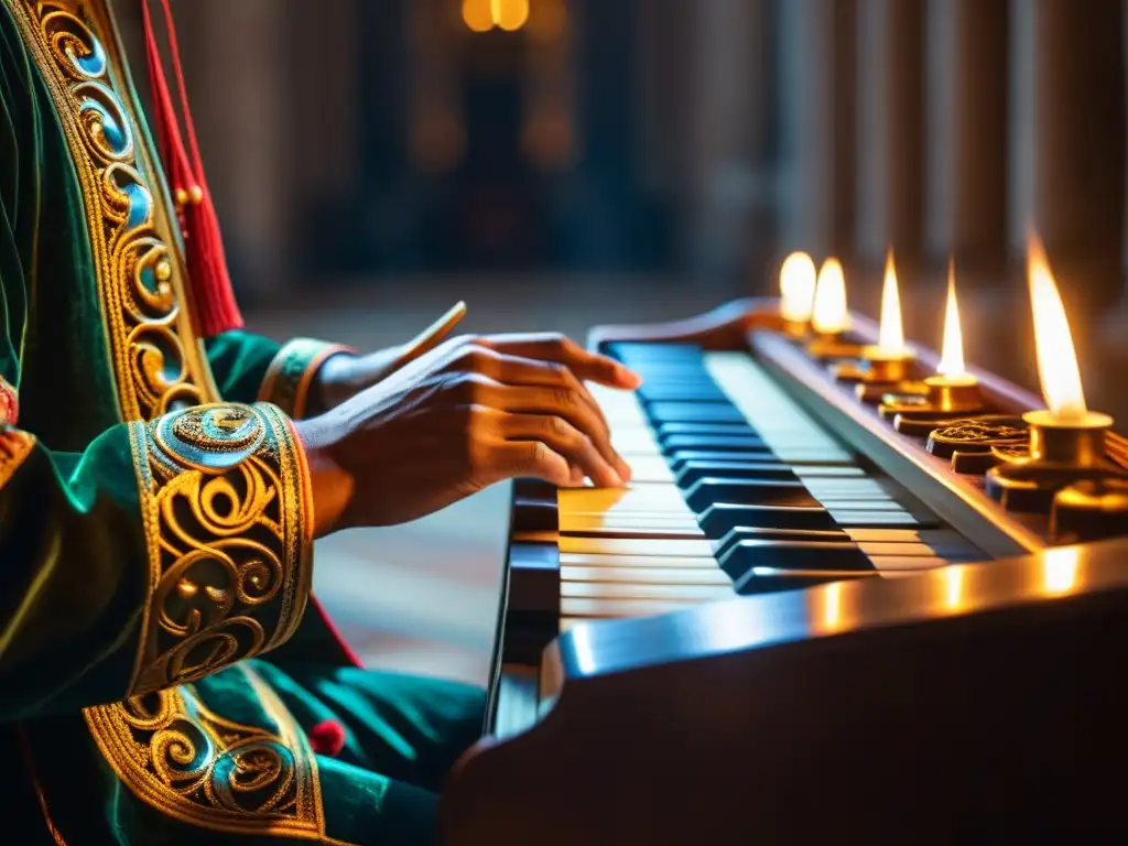 Un músico toca un serpentón en una catedral iluminada por velas