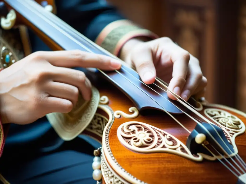 Un músico prepara el Setar persa en un estudio de música, con la intensa concentración en su rostro