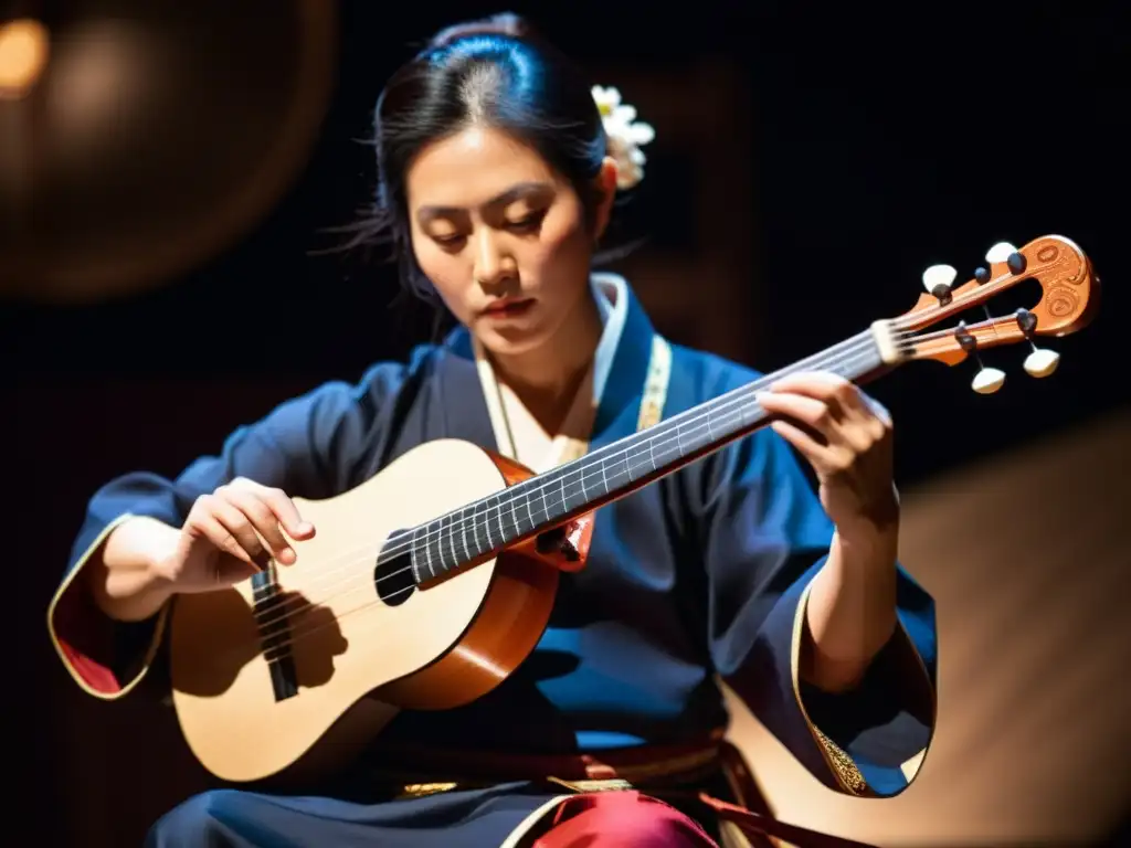 Un músico toca apasionadamente un shamisen eléctrico contemporáneo en un escenario tenue, fusionando la tradición japonesa con la música contemporánea