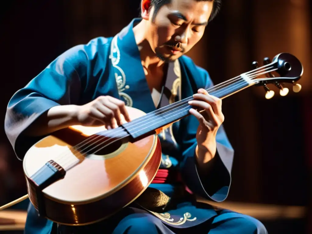 Un músico toca un shamisen eléctrico contemporáneo en un escenario tenue, mostrando pasión y destreza