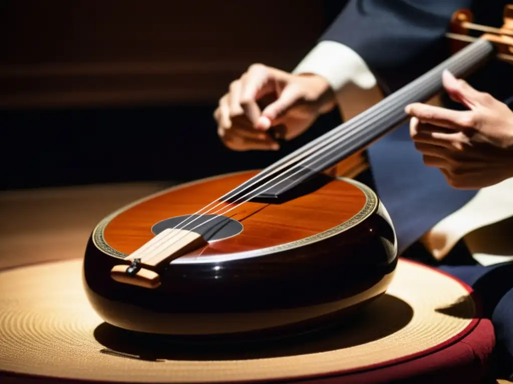 Un músico toca un shamisen eléctrico contemporáneo japonés en un escenario tenue, fusionando tradición e innovación