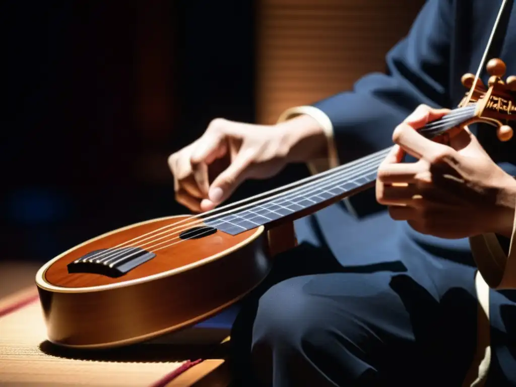 Un músico toca un shamisen eléctrico contemporáneo en un escenario tenue, fusionando elementos japoneses tradicionales con un diseño moderno