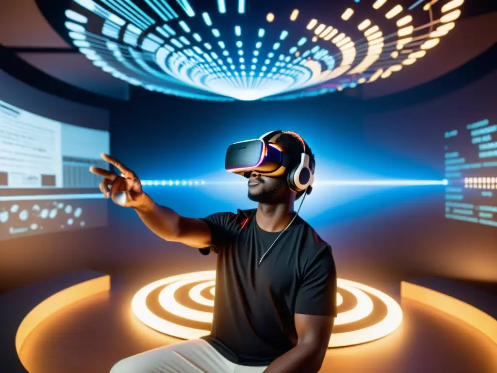 Un músico interactuando con simuladores de instrumentos musicales virtuales en un entorno de realidad virtual