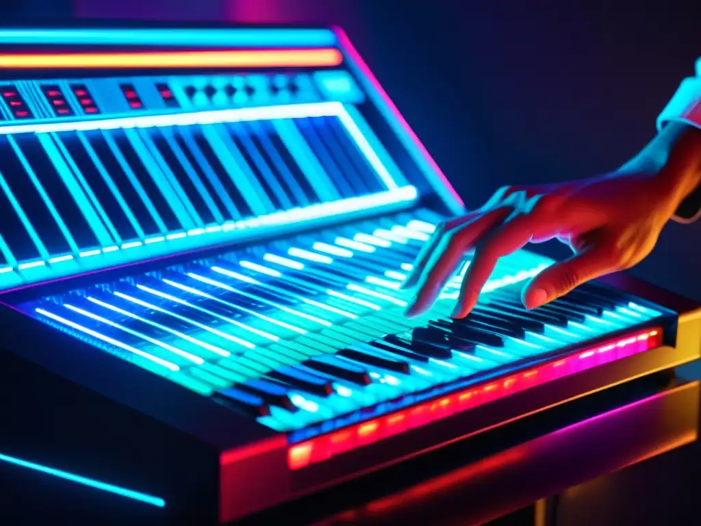 Un músico manipula un sintetizador digital futurista, creando una sinergia entre música electrónica y diseño de instrumentos digitales de vanguardia