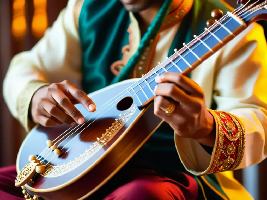 Un músico hábil toca un sitar tradicional, resaltando la evolución de instrumentos de cuerda con detalles intrincados y conexión profunda