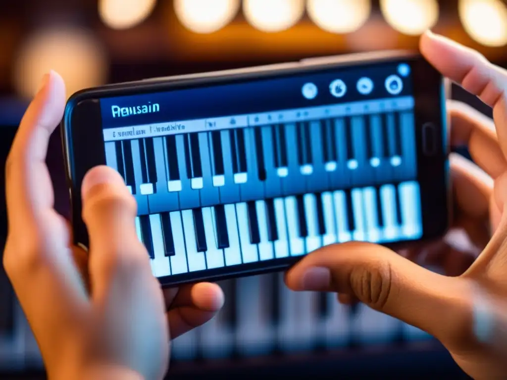 Un músico sostiene un smartphone con una app musical abierta, mostrando partituras detalladas