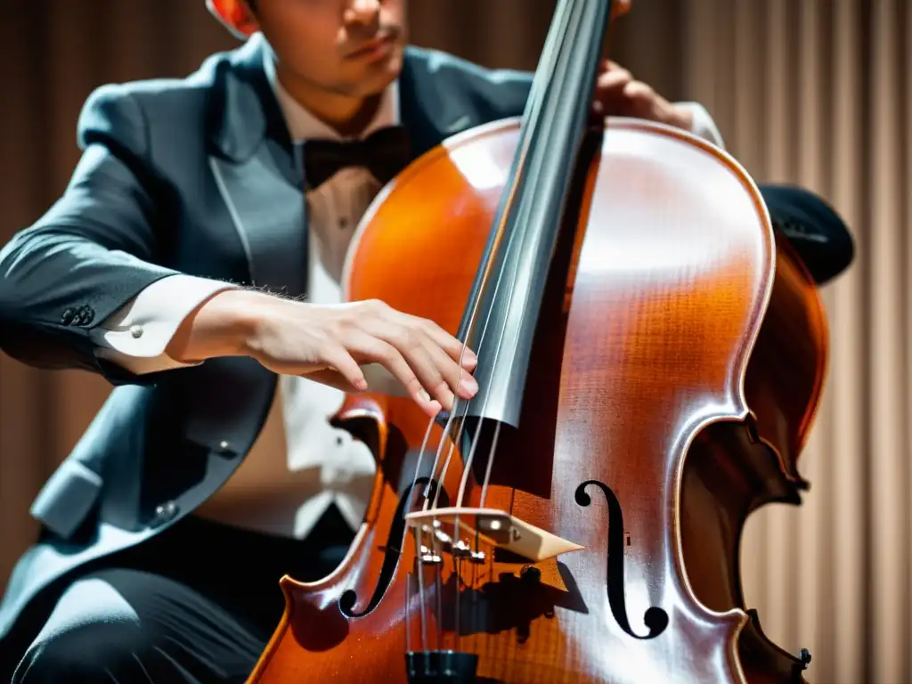 Maestría en violonchelo: manos expertas en concierto Un músico solista de chelo concentra su pasión en las cuerdas, destacando la textura y las fholes del instrumento en un entorno teatral