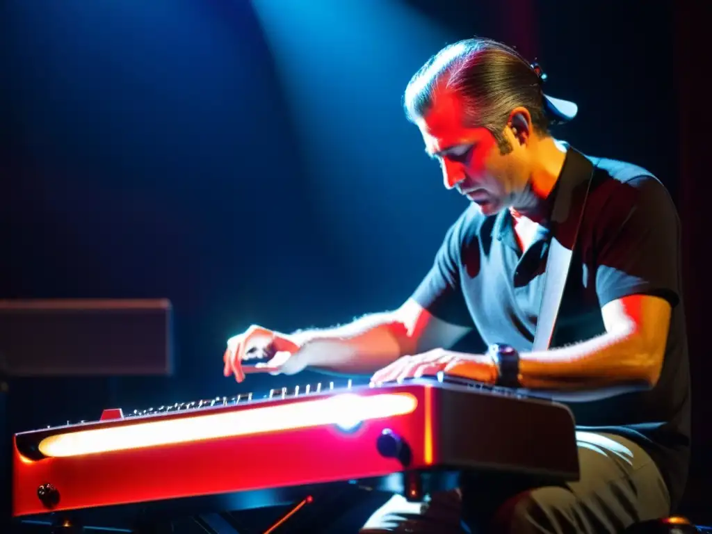 Un músico crea sonidos deslizantes de lap steel guitar en un escenario tenue, mientras el público queda absorto en la música