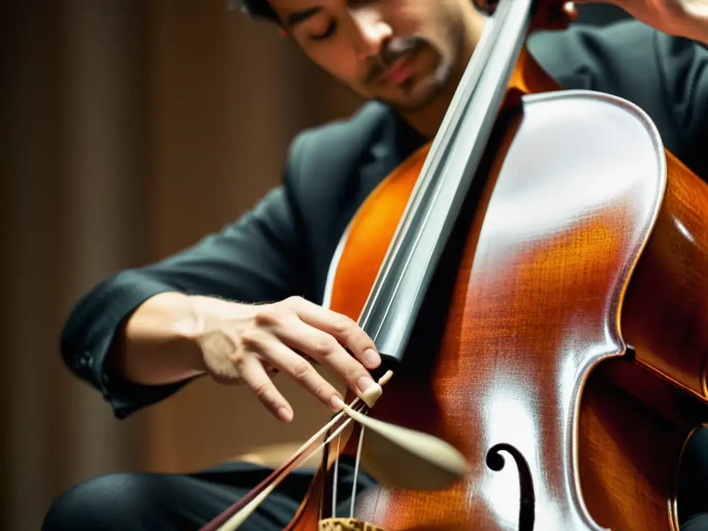 Un músico hábil coloca una sordina en las cuerdas de un violonchelo en una atmósfera serena en un salón de conciertos